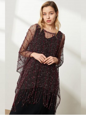 Crochet Knit Sleeved Top with Fringe